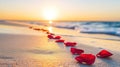 Romantic beach sunrise, rose petals path, ocean waves Royalty Free Stock Photo