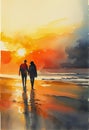 Romantic Beach Walk at Sunset: A Fusion of Warm Lighting and Cool Shadows Royalty Free Stock Photo