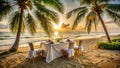 Romantic beachfront dinner at sunset an idyllic table setting under palm trees. Generative AI Royalty Free Stock Photo