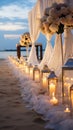 Romantic beachfront wedding ceremony white tent, flowers, candles, perfect for a honeymoon