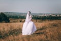 Romantic beautiful bride. Woman in a wedding dress runs across the field. The bride in a beautiful wedding dress is running across Royalty Free Stock Photo