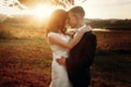 Romantic beautiful newlywed couple holding hands at sunset near tree, sun shining on handsome groom hugging beautiful bride Royalty Free Stock Photo