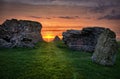 A romantic sunset between the walls of Aberystwyth Castle.