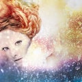 Romantic beauty with magnificent hair wandering in clouds. Studio fashion portrait. Royalty Free Stock Photo