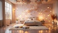 Romantic bedroom interior design with fluffy rug, warm lighting, and suspended decorations. Generative AI Royalty Free Stock Photo