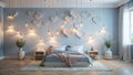 Romantic bedroom interior design with hanging heart decorations and soft lighting. Generative AI Royalty Free Stock Photo