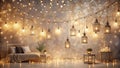 Romantic bedroom interior design with hanging lights and string lights. Generative AI Royalty Free Stock Photo