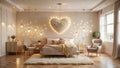 Romantic bedroom interior design with plush heart decor and soft lighting. Generative AI Royalty Free Stock Photo