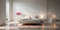 Romantic bedroom interior design with soft lighting and rose petals. Generative AI Royalty Free Stock Photo