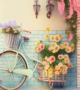 Romantic Bike with Colorful Wild Flower Basket Leaning on the Wall- Generated Artificial Intelligence -AI