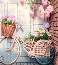 Romantic Bike with Colorful Wild Flower Basket Leaning on the Wall- Generated Artificial Intelligence -AI