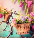 Romantic Bike with Colorful Wild Flower Basket Leaning on the Wall- Generated Artificial Intelligence -AI