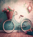 Romantic Bike with Colorful Wild Flower Basket Leaning on the Wall- Generated Artificial Intelligence -AI