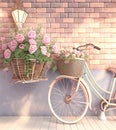 Romantic Bike with Colorful Wild Flower Basket Leaning on the Wall- Generated Artificial Intelligence -AI