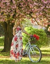 Romantic bike ride. Spring holidays. Tourism concept. Transportation and travel. Sakura season. Woman with tulips Royalty Free Stock Photo