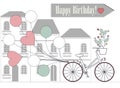 Romantic Birthday card with bicycle, balloons and flowers