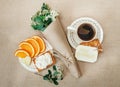 Romantic Birthday Healthy Breakfast.Cup of Coffee,Cut Orange,Biscuit with Cottage Cheese.Wish Card with Flower Royalty Free Stock Photo