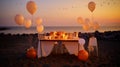 Sunset Beach Dining Setup with Balloons Royalty Free Stock Photo