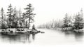 Romantic Black And White Pencil Drawing Of Pine Trees By The Lake Royalty Free Stock Photo