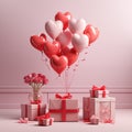 Romantic Bliss: Red and Pink Heart-Shaped Balloons in Pink Studio with Gift Boxes