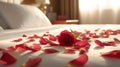 Romantic Bliss: Rose Petals on Hotel Bed for an Intimate Evening. created with Generative AI