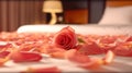 Romantic Bliss: Rose Petals on Hotel Bed for an Intimate Evening. created with Generative AI