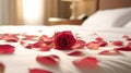 Romantic Bliss: Rose Petals on Hotel Bed for an Intimate Evening. created with Generative AI