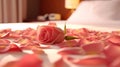 Romantic Bliss: Rose Petals on Hotel Bed for an Intimate Evening. created with Generative AI