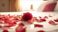 Romantic Bliss: Rose Petals on Hotel Bed for an Intimate Evening. created with Generative AI