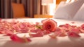 Romantic Bliss: Rose Petals on Hotel Bed for an Intimate Evening. created with Generative AI