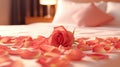 Romantic Bliss: Rose Petals on Hotel Bed for an Intimate Evening. created with Generative AI