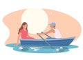 Romantic boat trip. Young man in love rides a girl on boat. Royalty Free Stock Photo