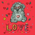 Romantic bobtail dog with heart and glasses, and lettering text Love for Valentine`s Day. Vector illustration. - Vector Royalty Free Stock Photo