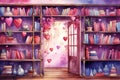 Romantic Bookstore Shelves Valentine Day background