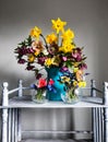 Romantic bouquet with daffodils, hellebore, hyacinths, primrose, muscari and tulips