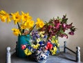 Romantic bouquet with daffodils, hellebore, hyacinths, primrose, muscari and tulips