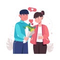 A romantic boyfriend gives a bunch of flowers to his darling girlfriend. Happy young couple portrait.