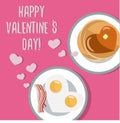 Romantic breakfast. Beautiful flat vector card for Valentine Day