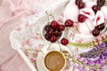 Romantic Breakfast in bed. The view from the top. Royalty Free Stock Photo