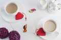 Romantic breakfast with couple white cups of coffee on white Royalty Free Stock Photo