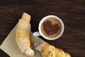 Romantic breakfast - delicious fresh croissants, cocoa Royalty Free Stock Photo