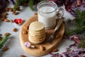 Romantic breakfast for lovers. Keto diet. A stack of small pancakes. Almond pancakes with a mug of almond milk on a Royalty Free Stock Photo