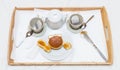 Romantic breakfast tray with fragrant tea fresh baking and jam