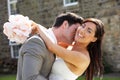 Romantic Bride And Groom Embracing Outdoors Royalty Free Stock Photo