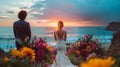 Romantic Bride and Groom Enjoying Sunset at Beach Wedding Royalty Free Stock Photo