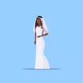 Romantic bride in white dress african american girl in gown model standing pose wedding concept flat full length blue