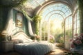 A romantic, bright room in an antique style with huge windows looking out onto a blooming garden. Lots of flowers and greenery