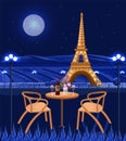 Romantic cafe with Eiffel Tower view. Paris at night Vector card. Beautiful backgrounds Royalty Free Stock Photo