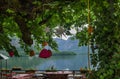 Romantic cafe at at Hallstaettersee lake. Hallstatt town Royalty Free Stock Photo