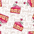 Romantic cakes seamless pattern illustration with quotes. You are beautiful text. Royalty Free Stock Photo